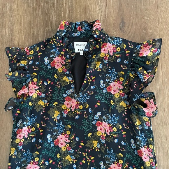 Madewell‎ x NO.6 Floral Ruffle Mock Neck Silk Romantic Mini Dress Size 2 - Picture 4 of 7